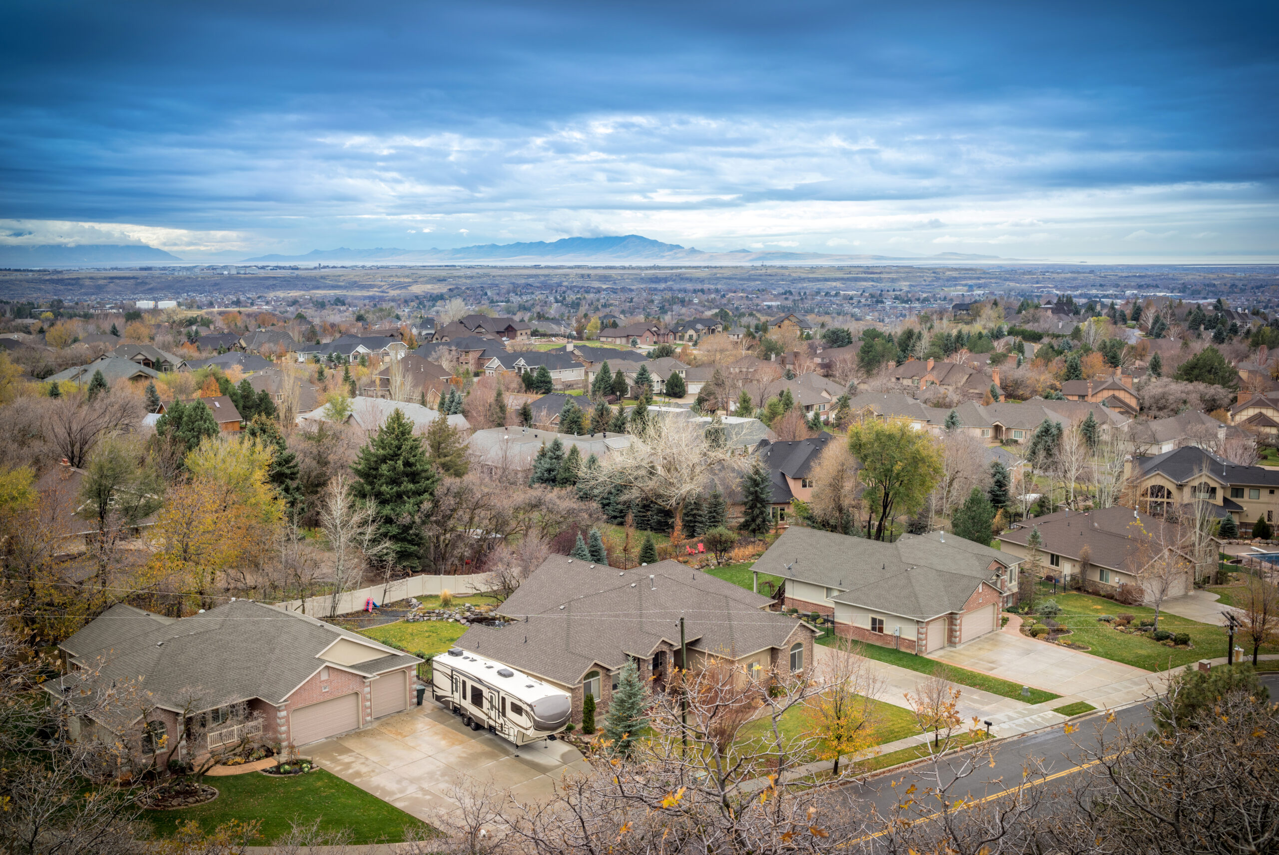 A scenic aerial view of a residential neighborhood in Ogden, Utah