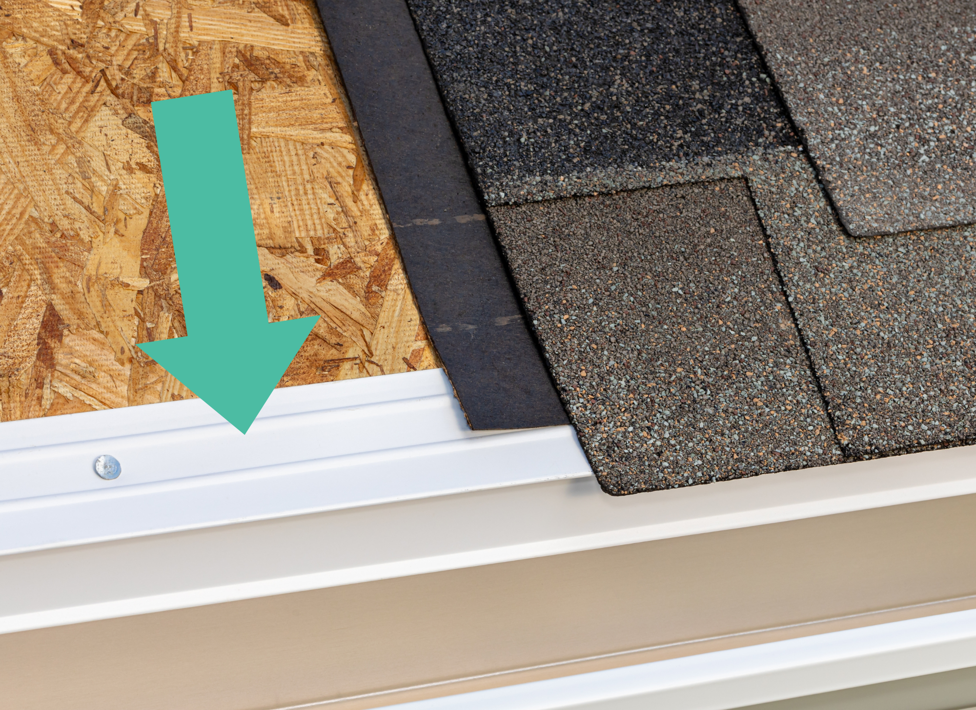 Close-up view of a roof edge showing asphalt shingles, underlayment, and OSB decking with a white metal drip edge secured by nails.